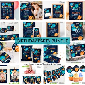 May include: A birthday party bundle with a space theme. The bundle includes a variety of printable items, such as invitations, food labels, thank you cards, and a banner. The items feature a dark blue background with planets, stars, and rockets. The text on the items is in gold and white.