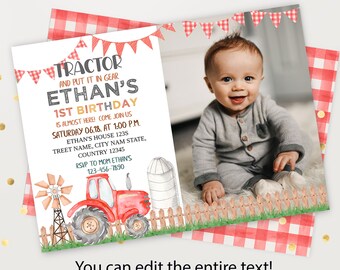 May include: A red tractor with a white silo in the background. The tractor has a red body, black wheels, and a gray cab. The silo is white with a gray roof. The image is a birthday invitation for a boy named Ethan. The invitation says "TRACTOR AND PUT IT IN GEAR ETHAN'S 1ST BIRTHDAY IS ALMOST HERE! COME JOIN US SATURDAY 06.18. AT 1:00 P.M. ETHAN'S HOUSE 123S TREET NAME, CITY NAM STATE, COUNTRY 12345 RSVP TO MOM ETHAN'S 123-456-7890".