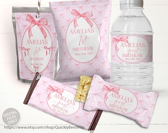 Pink Bow Birthday Party Decor, Chip Bag Wrapper, Treat Wrapper, Capri Sun Labels, Water Bottle Label, EDITABLE TEMPLATE