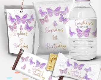 Purple Butterfly First Birthday Party Decor, Chip Bag Wrapper, Treat Wrapper, Capri Sun Labels, Water Bottle Label, EDITABLE TEMPLATE