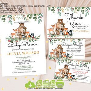 Woodland Baby Shower Invite Set, EDITABLE, woodland animals invitations, Woodland Theme Instant download, Books for Baby, Diaper Raffle card