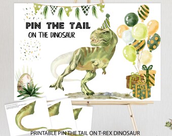 2017 Birthday Party Game PIN THE TAIL ON THE DINOSAUR T Rex for 12