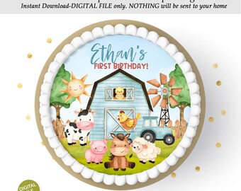 Editable Farm Birthday Party Cake Topper Template, Farm Cake Topper, Do it yourself Print on edible sheet, Instant Download, Blue decor