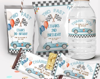 May include: A set of printable party favour labels featuring a blue race car with balloons and chequered flags. The labels say "Two Fast Ethan's 2nd Birthday" and "Thank You for Racing by Love Ethan".