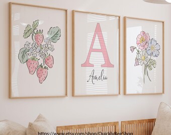 Strawberry Floral Name Print Set of 3 Art, Letter Print Wall Art, Playroom Nursery Decor, Girl Name Print