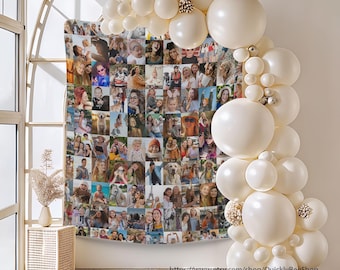 Photo Collage Birthday Backdrop, Fabric Banner, Wedding, Bachelorette Party, Anniversary, Office Home Wall Decor