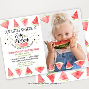 Watermelon Photo Invitation, Watermelon Birthday Invitation, One in a Melon first birthday Party invitation, Digital Instant Download