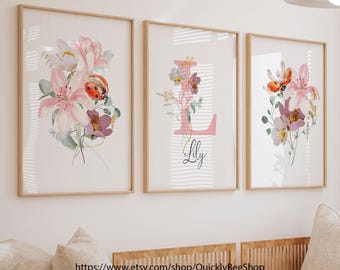 Lilie Marienkäfer Kinderzimmer Wandkunst, Marienkäfer Lilie Blumen Wandkunst, Blumen Marienkäfer Kinderzimmer Wandkunst, Name Mädchen Raum Dekor, 3er-Set