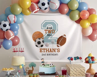 Born 2 Ball Backdrop for Boy, 2nd Birthday Banner, Let's Have a Ball All Star Party Backdrop, Born TWO Ball, Photo Prop, Table Decor