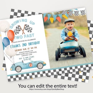 Editable 1st Birthday Photo Invitation Race Car 2nd Birthday Invite Racing Car Vintage Blue Race Card Printable Template Instant Download