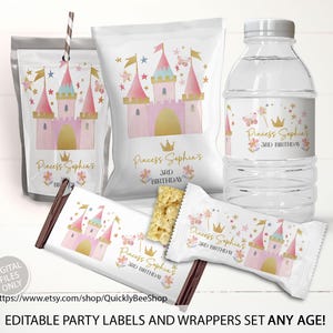 Puede incluir: Etiquetas y envoltorios para fiestas imprimibles con un castillo rosa con detalles dorados y el texto "Princess Sophia's 3rd Birthday".