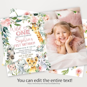 EDITABLE Safari Birthday Invitation, Girl Wild One 1st Birthday Invite, Pink Jungle Animals invitations, Printable template Instant Download
