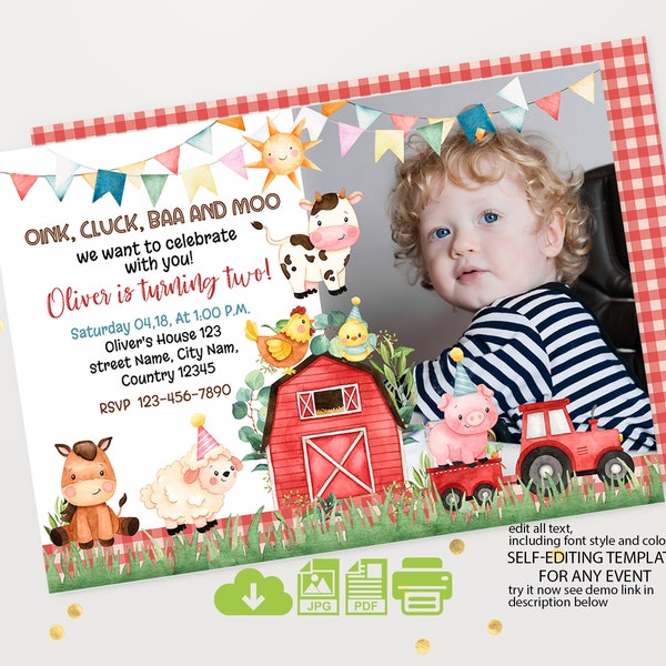 Farm Birthday Invitation, Girl or Boy Barn Party, Digital Invite, Farm Animals Barnyard Invitations INSTANT DOWNLOAD EDITABLE template