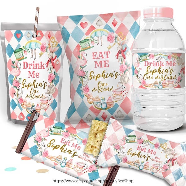 Alice in Wonderland Birthday Bundle, Chip Bag Treat Wrapper, Girl Birthday Party, Capri Sun Labels, Water Bottle Label, EDITABLE TEMPLATE