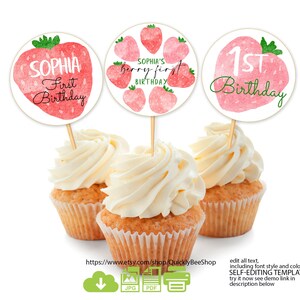 Strawberry Cupcake Toppers, Printable Cupcake Topper, Berry Cupcake Topper, 1st Birthday Editable Cupcake Toppers, Berry First Birthday Girl