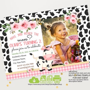 Cow Birthday Invitation with Photo, Editable Template Online, Instant Download