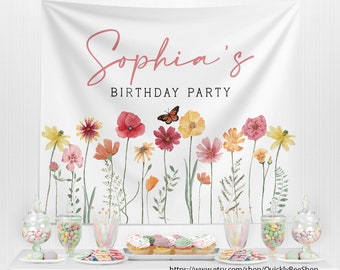 Toile de fond d'anniversaire fleurs sauvages, 1er anniversaire décoration de table fleurs sauvages, fleurs sauvages d'anniversaire d'été, anniversaire floral d'anniversaire, W1