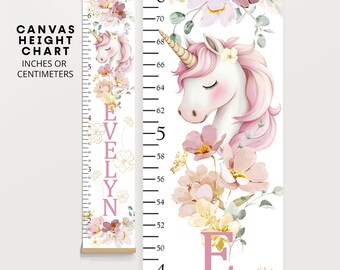 Einhorn Blumenmesslatte, Messlatte für das Wachstum, personalisierte Messlatte für das Kinderzimmer, in Fuß, Zoll und cm