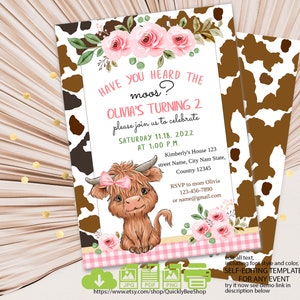 Highland Cow Invitation, Instant Download Cow Invitations, Pink Floral Cow Birthday Invite, Editable invite, Instant Download Girls Invite