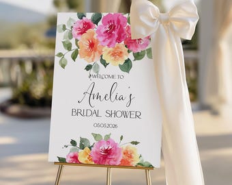 Placa de boas-vindas para chá de panela com flores em tons de pêssego, rosa e amarelo, pôster de boas-vindas com flores coloridas e brilhantes para o verão, despedida de solteira, IMPRESSO e ENVIADO