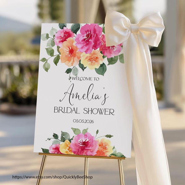 Perzik roze gele bloemen vrijgezellenfeest welkomstbord, kleurrijke zomer heldere bloemen welkomstposter, vrijgezellenfeest, GEDRUKT en VERZONDEN