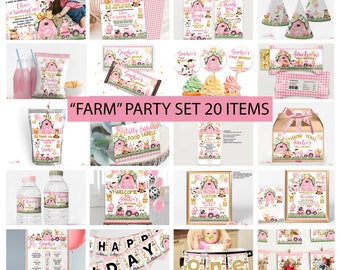 EDITABLE Farm Birthday Party Bundle, Digital Template, Farm Theme, DIGITAL FILES, Barnyard Birthday  Template, Pink Farm party