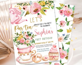 EDITABLE Tea Party Birthday Invitation, Par-tea Invite Template, Whimsical Tea Party, High Tea Floral, Instant Download #0003