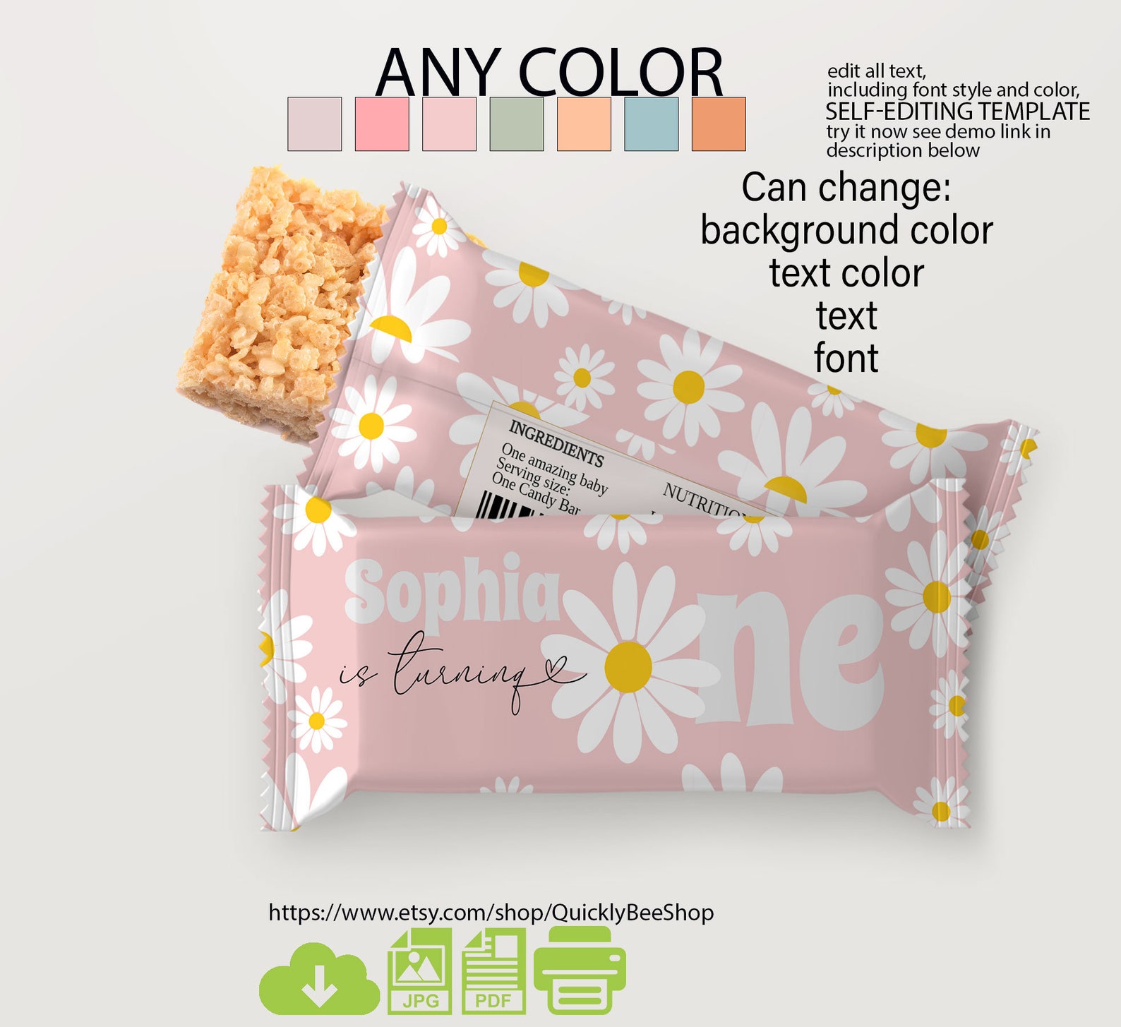 Daisy Rice Krispies Wrapper Template, Printable Candy Bar Wrapper ...