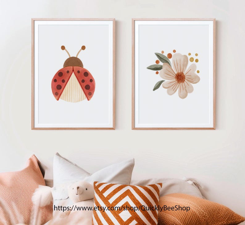 Ladybug Floral Watercolor Prints, Floral Ladybug Nursery Wall Art ...