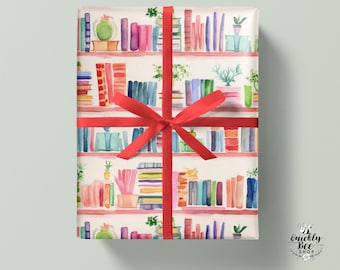 Book Lovers Wrapping Paper, Book Wrapping Paper With Books, Watercolor Bookshelf Wrapping Paper Roll for Literature Lovers, Gift Wrap | AVA