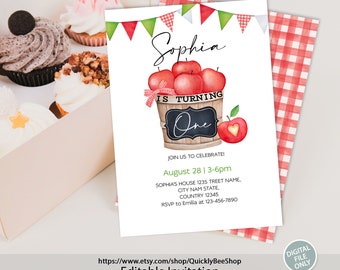 Apple Birthday Invitation Template, Fall Birthday Party, Apple of Our Eye First Birthday Invitation, Harvest Apple invite, INSTANT DOWNLOAD