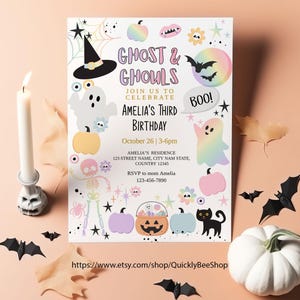 May include: A Halloween party invitation featuring the text "Ghost & Ghouls" and "Amelia's Third Birthday." The design includes illustrations of ghosts, pumpkins, bats, and a black cat. The invitation is on a peach background.