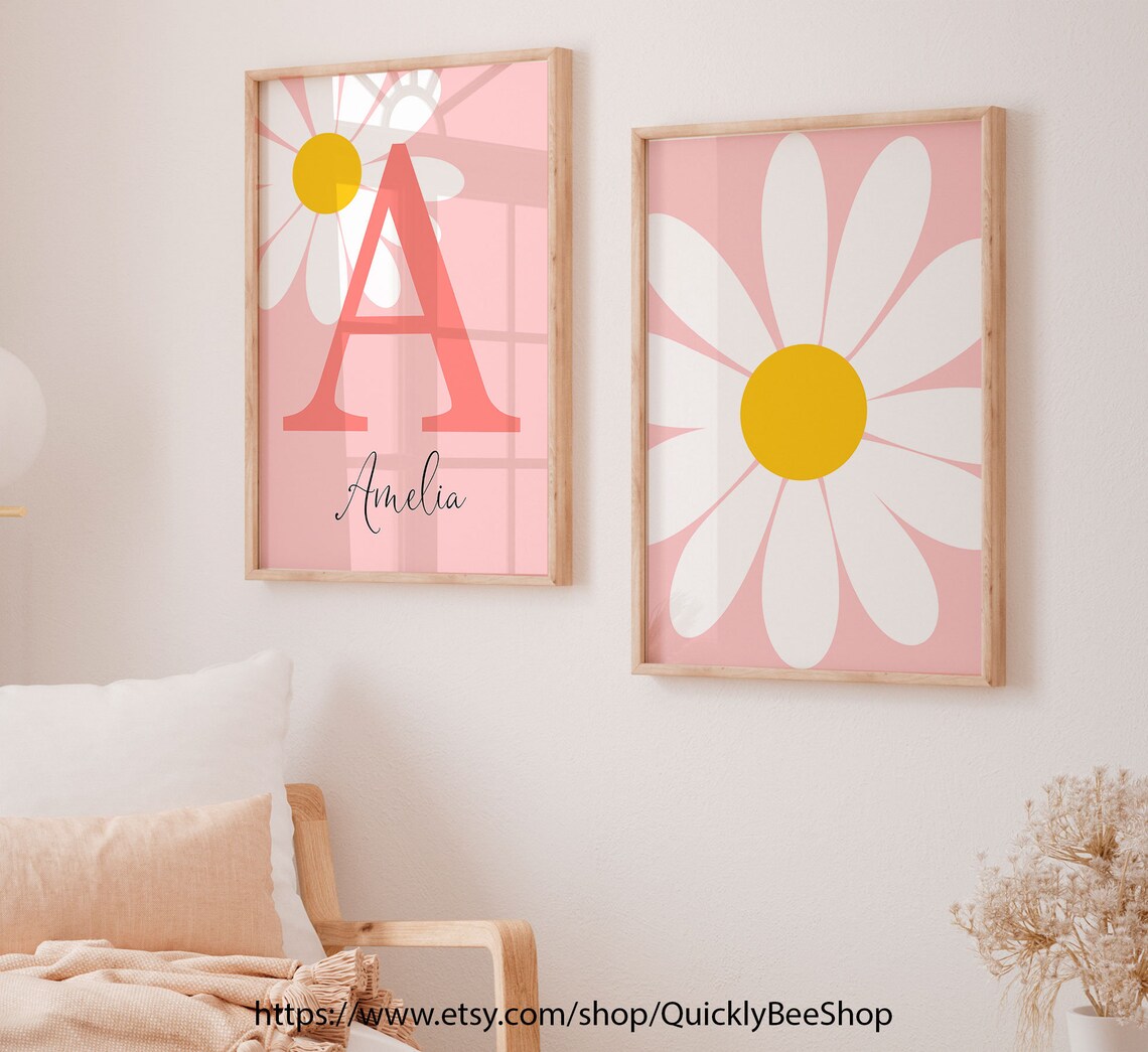 Daisy Print Set of 3 Wall Art, Nursery Print, Personalised Name Print ...