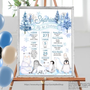 Puede incluir: Un póster de hito de cumpleaños personalizado y enmarcado con un tema de invierno. El póster presenta una ilustración de acuarela de animales polares, copos de nieve y pinos. El texto incluye el nombre del niño, la edad, el peso y las cosas favoritas. El póster mide 66 cm de alto.