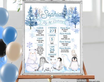 Winter Onederland Geburtstags-Meilenstein-Poster, bearbeitbares Statistikzeichen, druckbarer SOFORT-DOWNLOAD