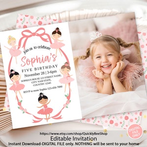 Ballerina Geburtstags-Fotoeinladung, Tutu Ballett-Party einladen, Ballett-Tänzerin Feier, Ballerina-Thema-Event-Karte, Sofort Download