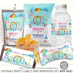 May include: Editable party labels and wrappers for a birthday party with a water park theme. The labels feature a blue background with a rainbow umbrella, water sprinklers, and colorful rings. The text on the labels reads "Amelia's 5th Birthday! & Ethan's 3rd Birthday!"