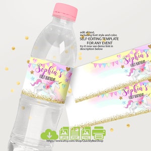 May include: Water bottle label template featuring a unicorn with a rainbow background and gold glitter. The label says "Sophia's First Birthday".