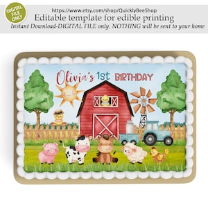 May include: Editable template for a 1st birthday cake featuring a red barn, farm animals, and a windmill. The text "Olivia's 1st Birthday" is on the cake.