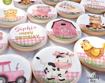 Farm templates for self-printing decor of cookie toppers, cupcakes, macaroon cookies, Print Sugar Sheets, Instant Download, Pink decor