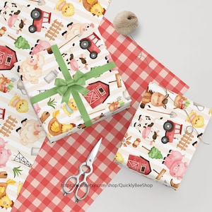 Papier cadeau de ferme, ferme rouge, emballage cadeau avec des animaux amusants pour garçons, filles, enfants, enfants, anniversaire, baby shower, tracteur, vache, cochon, mouton