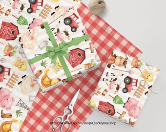 Papel de embrulho de fazenda, fazenda vermelha, papel de presente de animais divertidos para meninos, meninas, crianças, aniversário, chá de bebê, trator, vaca, porco, ovelha