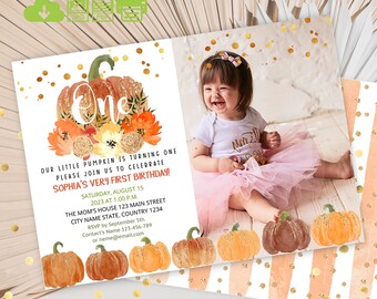 May include: A birthday invitation with a watercolor pumpkin design. The invitation includes the text "One" and details for a first birthday celebration. A photo of a smiling baby girl in a pink tutu is also included.