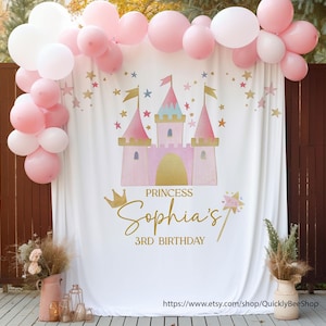 Prinses verjaardagsachtergrond roze, meisje eerste verjaardag achtergrond, prinses kasteelfeestdecor, verjaardagsfeestdecor