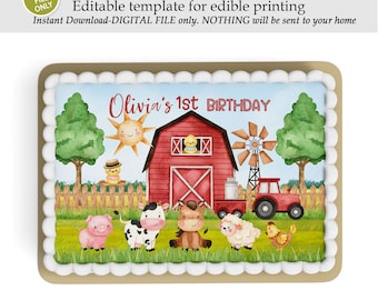 Editable Farm Birthday Party Cake Topper Template, Holy Cow Cake Topper, Do it yourself Print on edible sheet, Instant Download, Red decor
