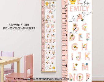 Personalisierte Alphabet Messlatte, Honig und Bienen, rosa Design