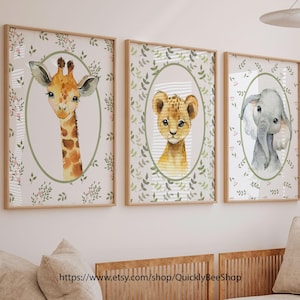 Whimsical Safari Nursery Decor Wall Art, Jungle Animals, Giraffe Elephant Lion Print, Boy Girl Baby Shower Gift, Set of 3 Nursery Prints