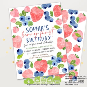 Berry  Birthday Invitation, Strawberry Birthday Evite, Blueberry Modern Strawberry Invitation, Text Invitation, Instant Download 2