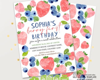 May include: A printable birthday invitation featuring a watercolor illustration of strawberries and blueberries. The text reads "Sophia's Berry First Birthday" and includes details for a sweet celebration.