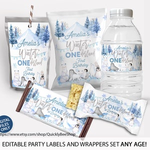 Arctic Animals Birthday Party Decor, Chip Bag Wrapper, Treat Wrapper, Capri Sun Labels, Water Bottle Label, Winter Onederland, EDITABLE